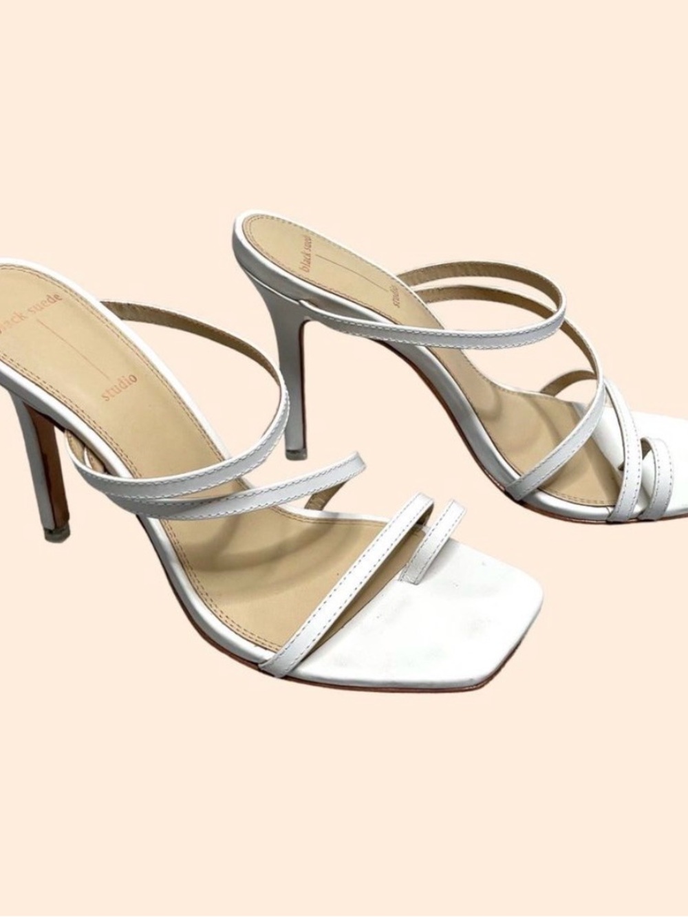 Black Suede Studio Cindy White Strappy Square-Toe High Heel Sandals